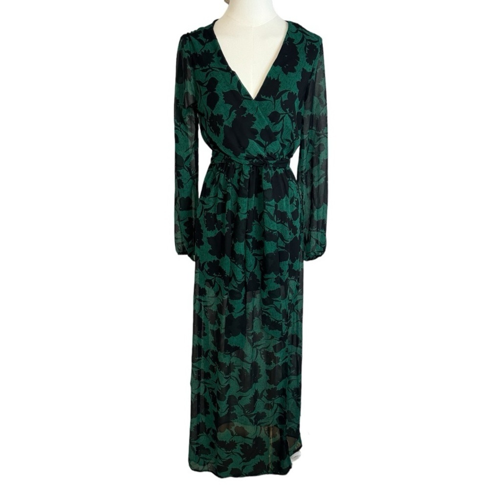EVERLY Green Black Floral Maxi Dress V Neck Side Slit Size S Long Sleeves Party